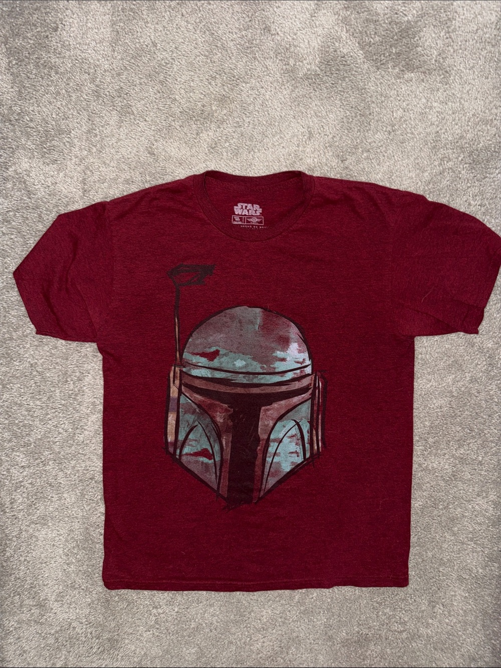 Star Wars Men's Boba Fett Helmet Tee - Maroon with Teal and Black Graphic